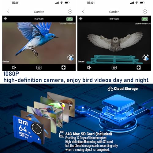JEAPKA Smart Bird Feeder with Camera Solar Powered AI Identify Bird Species Bird Feeder Camera, 64G TF Card HD Auto Capture Bird & Motion Detection Bird House Bird Watching Feeder for Bird Lover