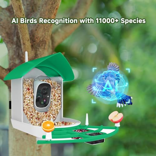 MIXUMON Smart Bird Feeder with Camera, AI Identify Bird Breed, Auto Capture Bird Watching, Solar-Powered WiFi 1080P Live Camera, Motion Detection, Cloud and SD Card Storage (Style 1 - Green)