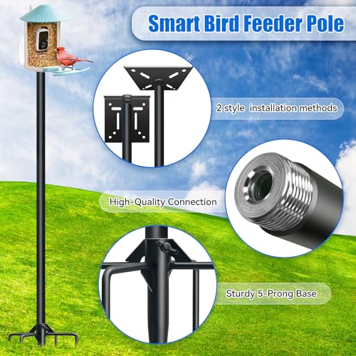 QwayHome Upgrade 80In Smart Bird Feeder Pole, Outdoor Bird House Poles Mount Kit for Bird Buddy Feeder & Wooden Bird House, Adjustable Heavy-Duty BirdHouse Pole Stand Post Set with 5-Prong Base