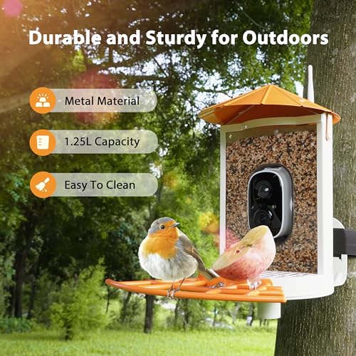 Birdkiss Smart Bird Feeder with Camera Solar, Auto Capture Bird Videos & Motion Detection, Bird Watching Camera Notify in Time, Metal Bird Feeder with Seed Guard, Ideal Present for Bird Lover (Orange)