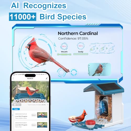AUXCO Smart Bird Feeder Camera, Solar-Powered Bird Feeder Camera with 4MP Camera, AI Identify 11000+ Species, Squirrel Proof Wireless Camera Bird Feeders with Real-Time Alerts & Automatic Bird Camera