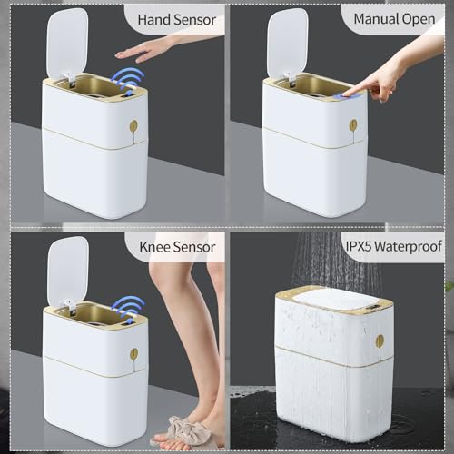 JOYBOS Bathroom Trash Can with Automatic Touchless Lid,4 Gallon Slimline Privacy Garbage Can with Motion Sensor and Waterproof Design for Bathroom, Bedroom, Toilet, Office White with Gold