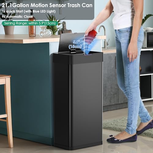 Arlopu 21.1 Gallon Automatic Trash Can,Sensor Motion Stainless Steel Garbage Bin, Touchless Smart Waste Bin, W/Stay-Open, Soft Close Lid, Display Light for Kithchen, Living Room, Office (21.1gal)