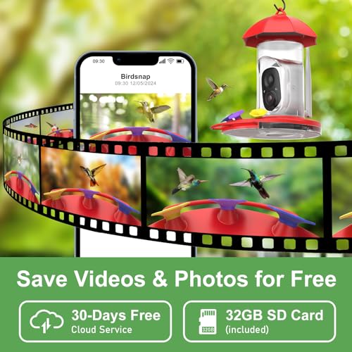 birdsnap® HUM - Hummingbird Feeder with Camera + SD Card, 1080P Bird Watching Camera Motion Detection & Auto Notify, AI Identify 10000+ Species Wireless Smart Bird Feeder Camera for Outdoors Hanging