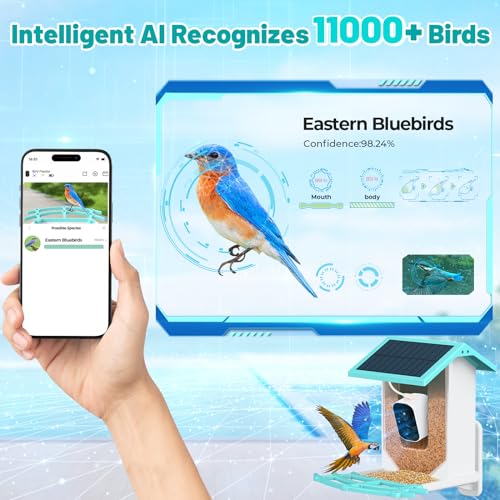 AUXCO Bird Feeder with Camera, Newest Solar Smart Bird Feeder Camera Wireless Outdoor, AI Identify 11000+ Bird Species, 1080P HD Real Time Auto Capture Bird Videos & Notify Video Bird Feeders Camera