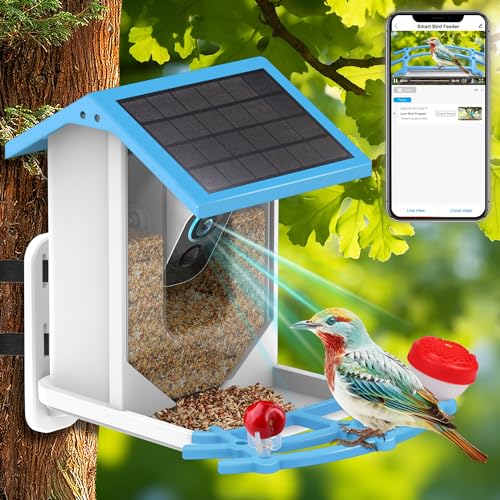 Holldoor Smart Bird Feeder with Camera Wireless Outdoor, Solar Powered Bird Watching Camera Feeder Motion Activated HD Video Live, AI Recognition Bird House with Camera (Blue)