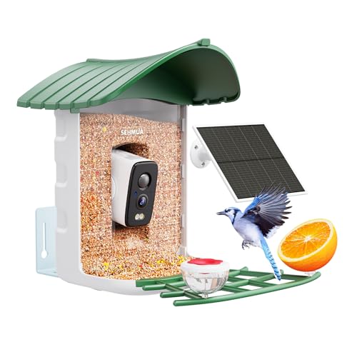 SEHMUA Bird Feeder with Camera, HD Bird Watching Camera with 1 Year Trial AI Identify, 4 DIY Add-ons, Bird House with Solar Panel for Outdoor, Auto Record Bird Videos, Suitable Option for Bird Lovers