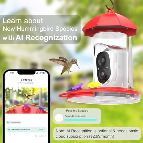 birdsnap® HUM - Hummingbird Feeder with Camera + SD Card, 1080P Bird Watching Camera Motion Detection & Auto Notify, AI Identify 10000+ Species Wireless Smart Bird Feeder Camera for Outdoors Hanging