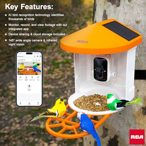 RCA Smart Bird Feeder with HD Camera – AI Bird Recognition Technology, Infrared Night Vision, Solar Powered, Two-Way Audio, Waterproof/Dustproof, WiFi-Enabled, Cloud Storage, App-Control