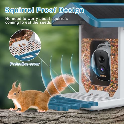 AUXCO Smart Bird Feeder Camera, Solar-Powered Bird Feeder Camera with 4MP Camera, AI Identify 11000+ Species, Squirrel Proof Wireless Camera Bird Feeders with Real-Time Alerts & Automatic Bird Camera
