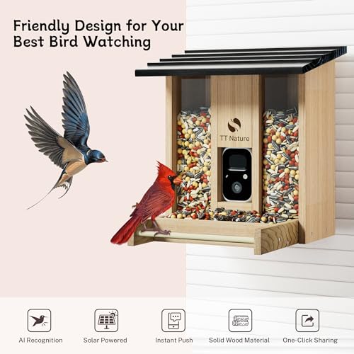TT Nature Bird Feeder with Camera, Upgraded Smart Bird Feeder with Solar Powered, AI Identify for 10000 Plus Bird Species, Auto Capture Bird & Real-time Notifications, Ideal Gift for Bird Lovers