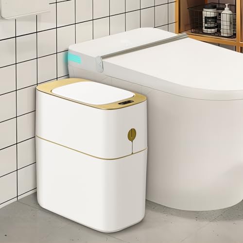 JOYBOS Bathroom Trash Can with Automatic Touchless Lid,4 Gallon Slimline Privacy Garbage Can with Motion Sensor and Waterproof Design for Bathroom, Bedroom, Toilet, Office White with Gold