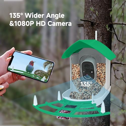 MIXUMON Smart Bird Feeder with Camera, AI Identify Bird Breed, Auto Capture Bird Watching, Solar-Powered WiFi 1080P Live Camera, Motion Detection, Cloud and SD Card Storage (Style 1 - Green)