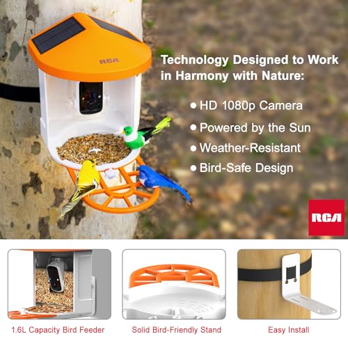 RCA Smart Bird Feeder with HD Camera – AI Bird Recognition Technology, Infrared Night Vision, Solar Powered, Two-Way Audio, Waterproof/Dustproof, WiFi-Enabled, Cloud Storage, App-Control
