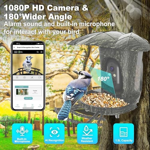 AUQRER Smart Bird Feeder with Camera, 1080P HD Bird Feeder Camera Including 4G SIM Card, AI Identify Bird Species APP Control Solar Powered Smart Bird Feeder (4G Vesion)