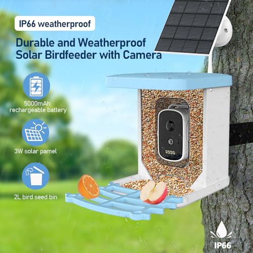 JEAPKA Smart Bird Feeder with Camera Solar Powered AI Identify Bird Species Bird Feeder Camera, 64G TF Card HD Auto Capture Bird & Motion Detection Bird House Bird Watching Feeder for Bird Lover