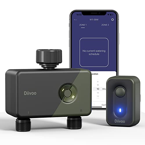 WiFi Sprinkler Timer 2 Zone, Diivoo Programmable Water Hose Timer 2 Outlet for Garden, Automatic Irrigation Timer IP54 with Rain Delay/Manual/Auto Mode, Outdoor Hose Timer Controller for Lawn, Yard
