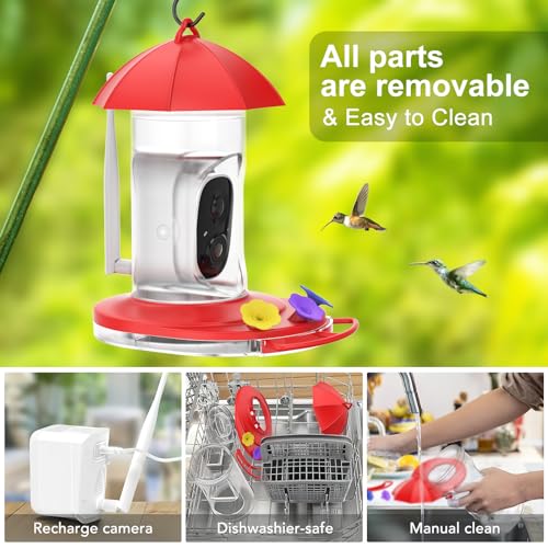 birdsnap® HUM - Hummingbird Feeder with Camera + SD Card, 1080P Bird Watching Camera Motion Detection & Auto Notify, AI Identify 10000+ Species Wireless Smart Bird Feeder Camera for Outdoors Hanging