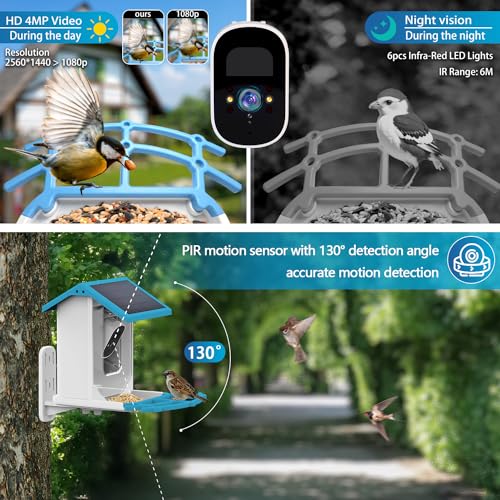 Holldoor Smart Bird Feeder with Camera Wireless Outdoor, Solar Powered Bird Watching Camera Feeder Motion Activated HD Video Live, AI Recognition Bird House with Camera (Blue)