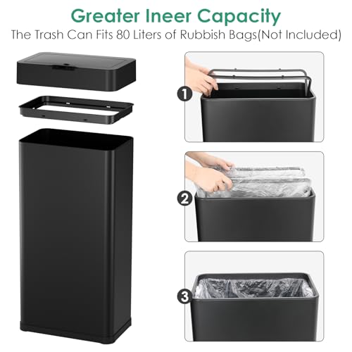 Arlopu 21.1 Gallon Automatic Trash Can,Sensor Motion Stainless Steel Garbage Bin, Touchless Smart Waste Bin, W/Stay-Open, Soft Close Lid, Display Light for Kithchen, Living Room, Office (21.1gal)