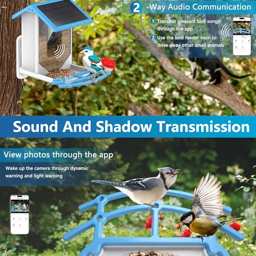 Holldoor Smart Bird Feeder with Camera Wireless Outdoor, Solar Powered Bird Watching Camera Feeder Motion Activated HD Video Live, AI Recognition Bird House with Camera (Blue)
