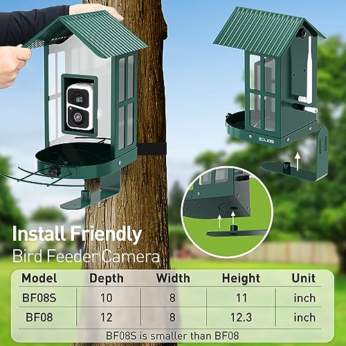 Soliom® Bird Feeder with Camera wireless outdoor with AI Identify Bird Species, Smart Wild Bird Watching Cam, Live View, Motion Triggered Notification, 3W Solar, 1.6L Small Size-Metal Case BF08S-G