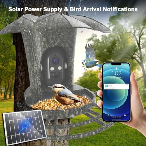 AUQRER Smart Bird Feeder with Camera, 1080P HD Bird Feeder Camera Including 4G SIM Card, AI Identify Bird Species APP Control Solar Powered Smart Bird Feeder (4G Vesion)