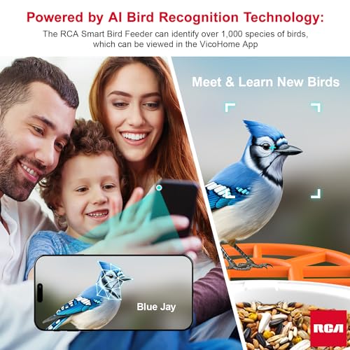 RCA Smart Bird Feeder with HD Camera – AI Bird Recognition Technology, Infrared Night Vision, Solar Powered, Two-Way Audio, Waterproof/Dustproof, WiFi-Enabled, Cloud Storage, App-Control