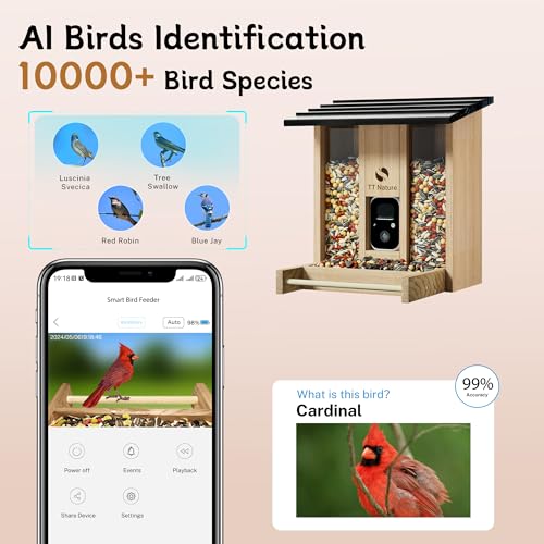 TT Nature Bird Feeder with Camera, Upgraded Smart Bird Feeder with Solar Powered, AI Identify for 10000 Plus Bird Species, Auto Capture Bird & Real-time Notifications, Ideal Gift for Bird Lovers