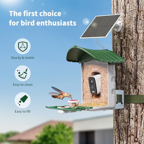 SEHMUA Bird Feeder with Camera, HD Bird Watching Camera with 1 Year Trial AI Identify, 4 DIY Add-ons, Bird House with Solar Panel for Outdoor, Auto Record Bird Videos, Suitable Option for Bird Lovers