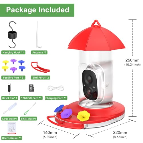 birdsnap® HUM - Hummingbird Feeder with Camera + SD Card, 1080P Bird Watching Camera Motion Detection & Auto Notify, AI Identify 10000+ Species Wireless Smart Bird Feeder Camera for Outdoors Hanging