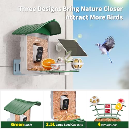 SEHMUA Bird Feeder with Camera, HD Bird Watching Camera with 1 Year Trial AI Identify, 4 DIY Add-ons, Bird House with Solar Panel for Outdoor, Auto Record Bird Videos, Suitable Option for Bird Lovers
