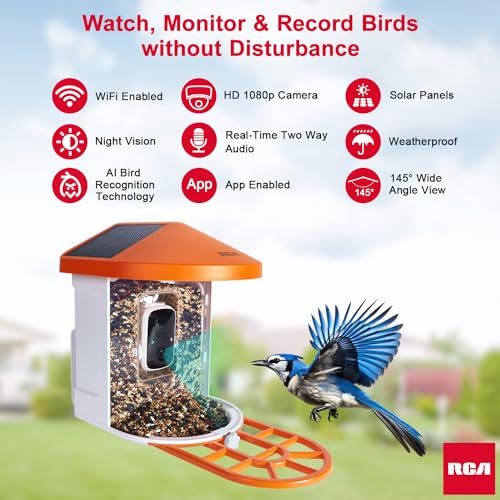 RCA Smart Bird Feeder with HD Camera – AI Bird Recognition Technology, Infrared Night Vision, Solar Powered, Two-Way Audio, Waterproof/Dustproof, WiFi-Enabled, Cloud Storage, App-Control