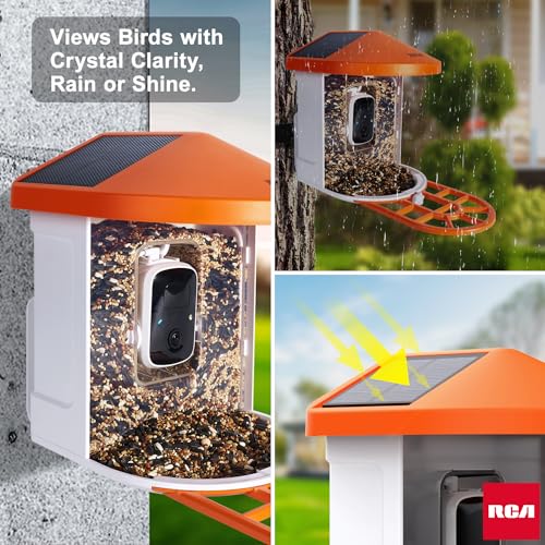 RCA Smart Bird Feeder with HD Camera – AI Bird Recognition Technology, Infrared Night Vision, Solar Powered, Two-Way Audio, Waterproof/Dustproof, WiFi-Enabled, Cloud Storage, App-Control