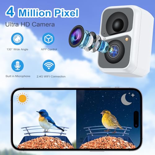 AUXCO Bird Feeder Camera, 4K High Resolution Smart Bird Feeder with Camera for Bird Watching, Color Night Vision, AI Identify 11000+ Species, Auto Capture Notify, Solar Powered, Gift for Bird Lovers