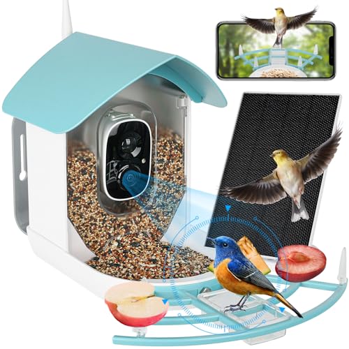 Bird Feeder with Camera, Smart Bird Feeder with Solar Panel, AI Identify, Bird House with 5000mAh Wrieless Camera, Auto Capture Bird Videos, 1080P HD, Wifi, Camera Bird Feeders for Bird Lovers