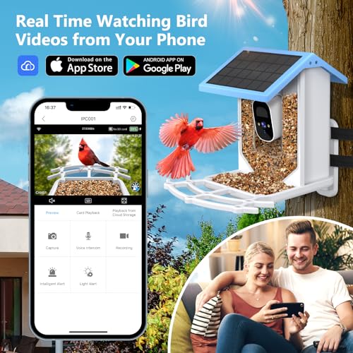 Bird Feeder with Camera Solar Powered, Outdoor Smart Bird Feeder, 4 MP HD Auto Capture Bird Videos, Real Time Views and Notifications, Ideal Gift for Christmas