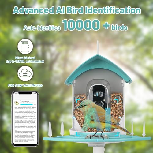 Bird Feeder with Camera, Smart Bird Feeder with Solar Panel, AI Identify, Bird House with 5000mAh Wrieless Camera, Auto Capture Bird Videos, 1080P HD, Wifi, Camera Bird Feeders for Bird Lovers