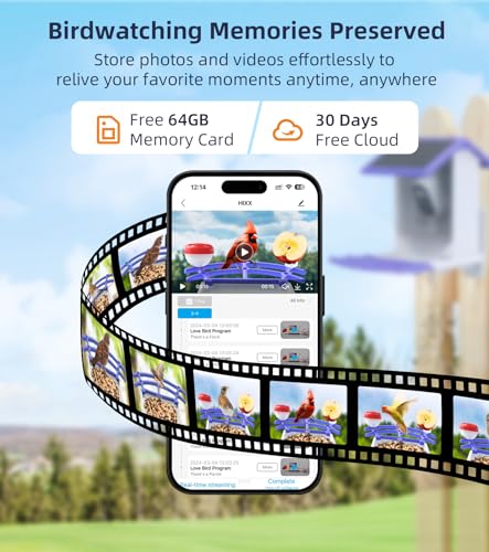 Smart Bird Feeder with Camera, HIXX® Bird Camera Feeder with AI Auto Capture & Identify 10000+ Bird Species, Free 64GB TF Card and 4MP HD, Bird Feeder Camera Ideal Gift for Bird Lovers