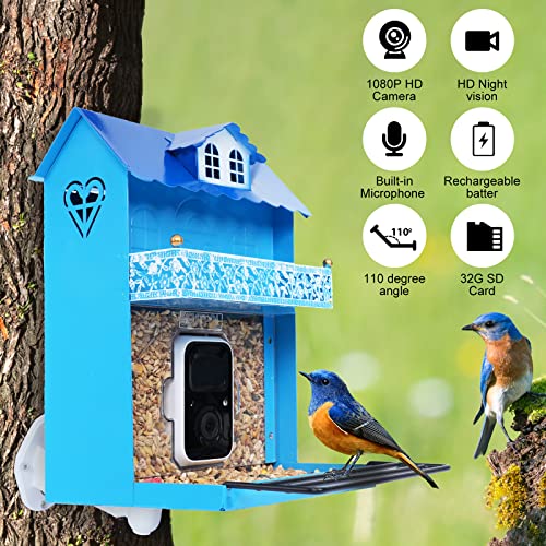 Bird Feeder with Camera,Smart Bird Feeder Camera Auto Capture Birds and Notify,IP65 Rainproof 1080P HD Full Color Night Vision Bird House Camera,Free 32G SD Card, Ideal Gift for bird lovers