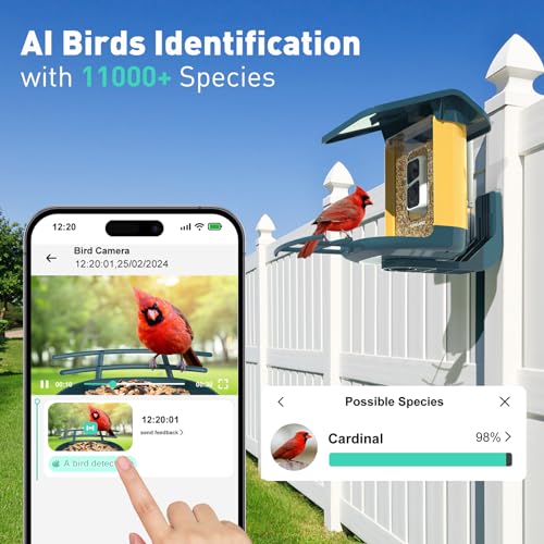 FLOMILAMD Bird Feeder with Camera,Smart AI Identify Bird Species Camera Wireless Outdoor,Solar Powered, Live View 2K,Auto Capture When Motion Detected&APP Notify,Color Night Vision,FL006