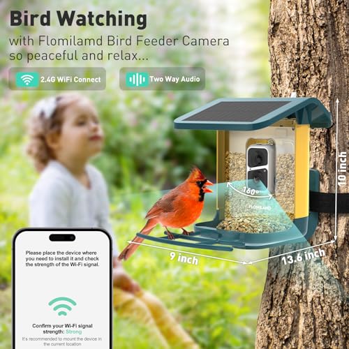 FLOMILAMD Bird Feeder with Camera,Smart AI Identify Bird Species Camera Wireless Outdoor,Solar Powered, Live View 2K,Auto Capture When Motion Detected&APP Notify,Color Night Vision,FL006