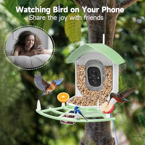 Fazoxo Bird Feeder with Camera, Smart AI Bird Breed Recognition, Birds Motion Detection with Real-Time Notice, Auto Capture Bird Watching WiFi Camera, Solar-Powered Outdoor Charging Bird House,Green