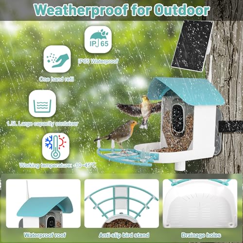 Bird Feeder with Camera, Smart Bird Feeder with Solar Panel, AI Identify, Bird House with 5000mAh Wrieless Camera, Auto Capture Bird Videos, 1080P HD, Wifi, Camera Bird Feeders for Bird Lovers