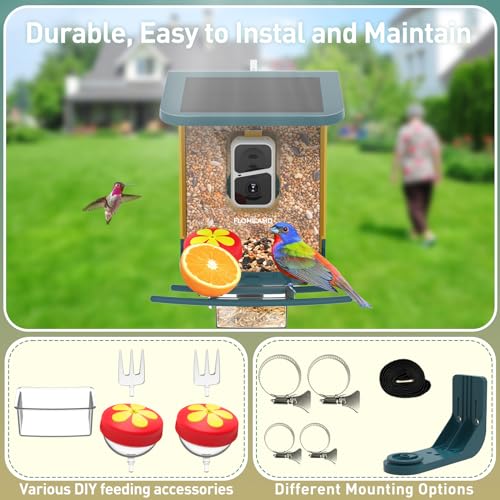 FLOMILAMD Bird Feeder with Camera,Smart AI Identify Bird Species Camera Wireless Outdoor,Solar Powered, Live View 2K,Auto Capture When Motion Detected&APP Notify,Color Night Vision,FL006