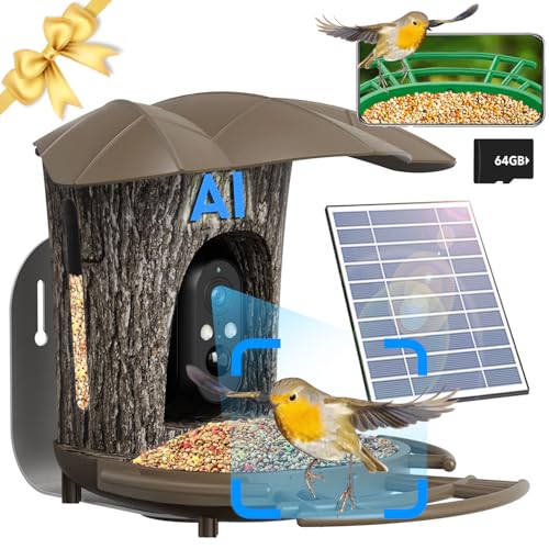 Smart Bird Feeder with Camera -【AI Identify 】Camera Bird Feeder,【4K Ultra-HD】Live Wireless Bird House Camera with Solar & 64GB SD Card, IP67, DIY, Auto Capture & Motion Detection, Instant Notification