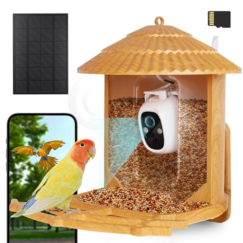 Samyoung Smart Bird Feeder with Camera AI Identify Bird Species, 4MP HD Auto Capture Bird Watching Cam, Live View, Instant Notifications with 32GB TF Card, Solar Powered Bird Camera, Wood Color