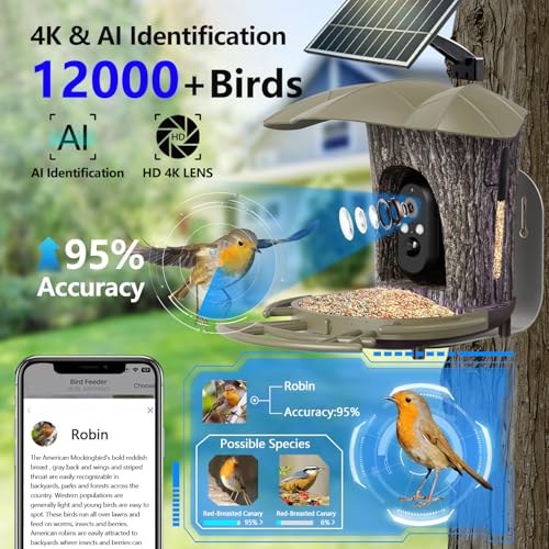 Smart Bird Feeder with Camera -【AI Identify 】Camera Bird Feeder,【4K Ultra-HD】Live Wireless Bird House Camera with Solar & 64GB SD Card, IP67, DIY, Auto Capture & Motion Detection, Instant Notification