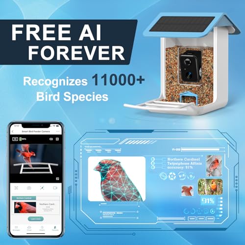 BROAIMX Smart Bird Feeder Camera, Free AI Forever, 32G TF Card & 1080P HD Camera Auto Capture Bird Videos & Solar Panel, App Notify When Birds Detected, Bird House with Built-in Two-Way Microphone