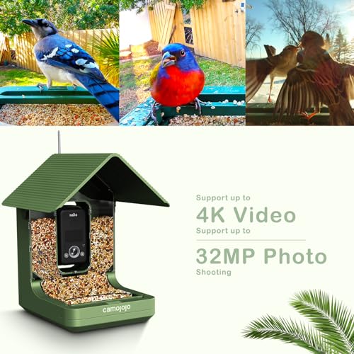 Camojojo Bird Feeder with Camera of 32MP Photo & 4K Video, Smart Bird Feeder with AI Identify, 10000mAh Built-in Battery, Full-Color Night view, 32 SD, IP66, 2.4G/5G Dual WIFI Wireless, Live Function